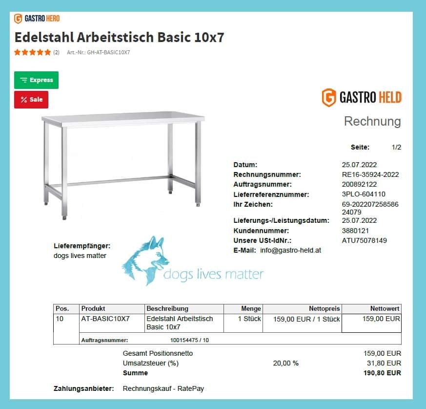 Edelstahltisch für Quarantänestation & Futterspenden fürs Tierheim